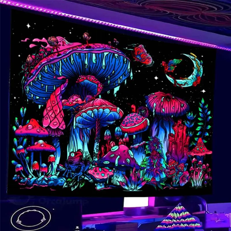 VIKAMA Blacklight Mushroom Tapestry Psychedelic Trippy Moon Butterfly Wall Hanging UV Glow Aesthetic Dorm Bedroom Wall Decor