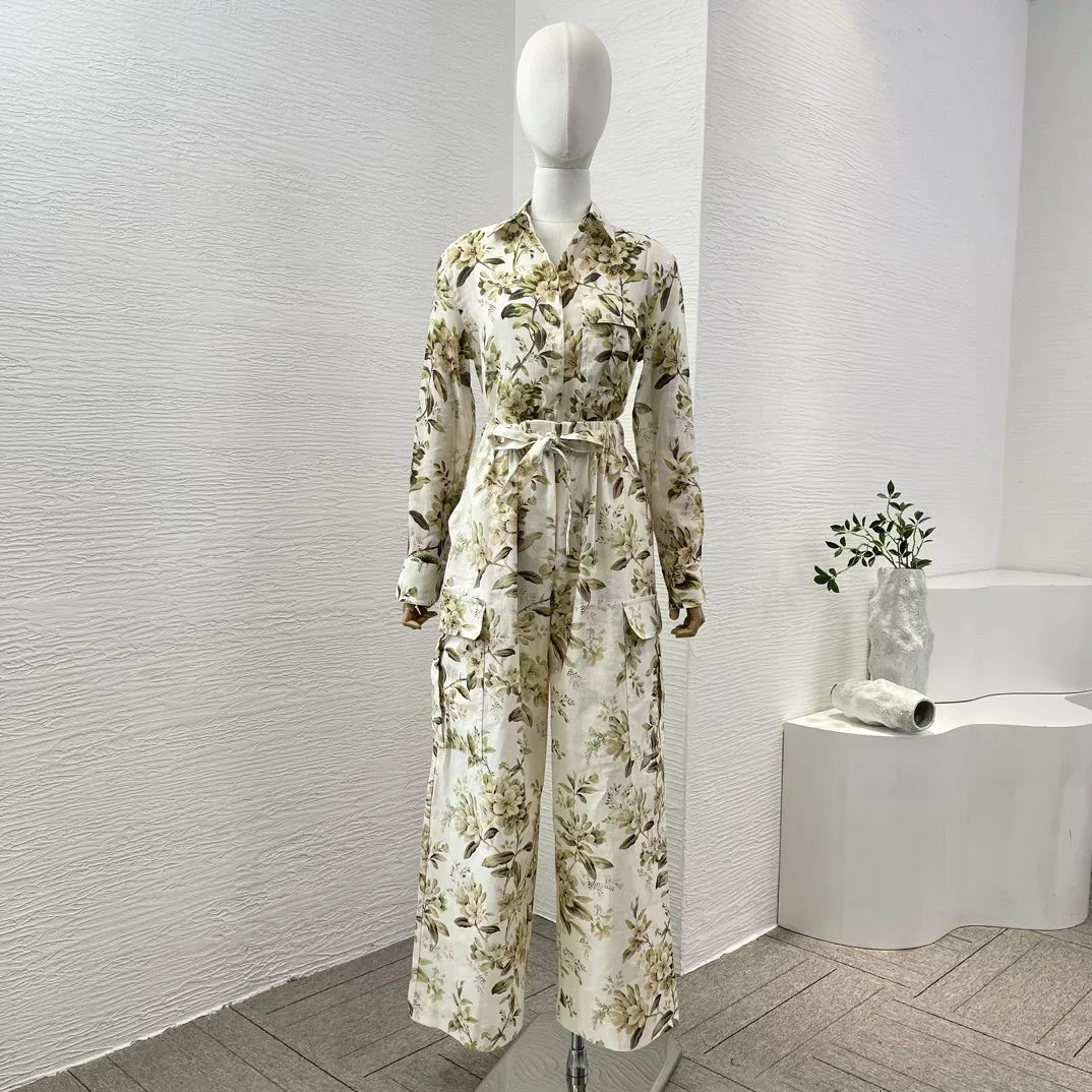 2024 New Collection White Green Floral Leaf Print Long Sleeve Turn Down Collar Blouse Tops and Wide Leg Pants Set for Holiday