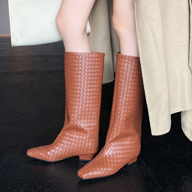 JOZHAMTA Size 33-40 Women Woven Knee High Boots Soft Leather Chunky Heels Shoes Fall Winter Wide Calf Pull On Long Tall Boots