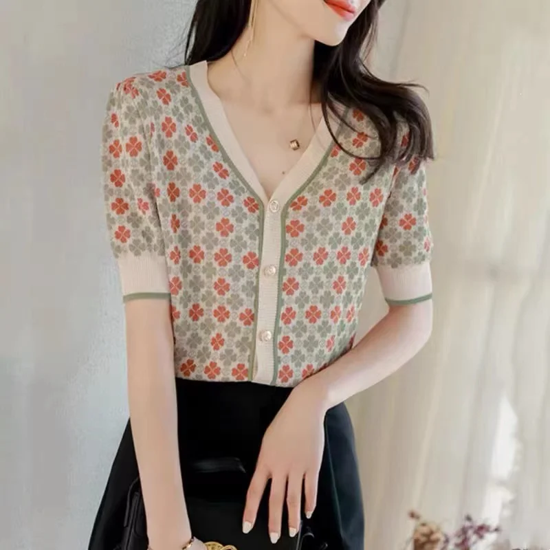 Summer floral ice short sleeve cardigan women\'s V-neck half sleeve jacket loose T shirt cotton thread top