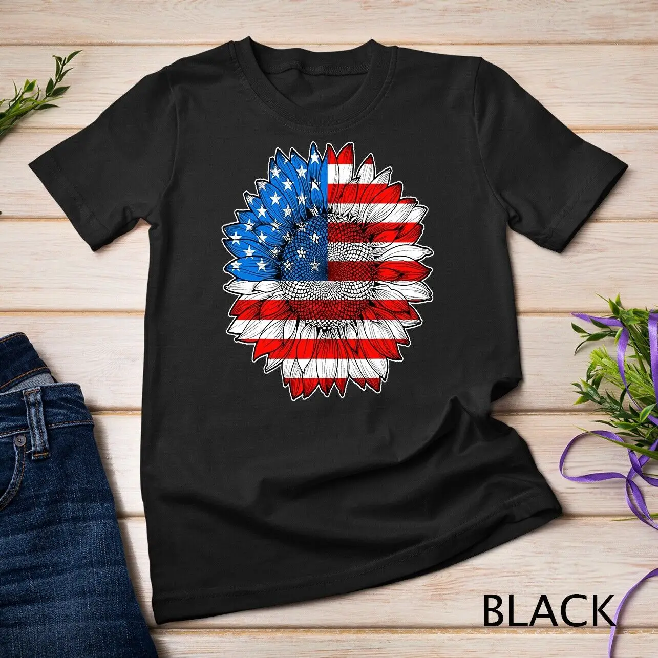 4th of July American Flag Sunflower Patriotic Men Women Kids Unisex T-shirt