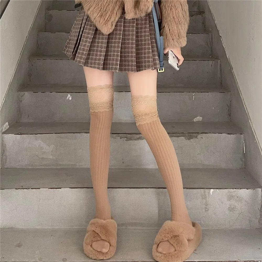 

Женские кружевные чулки выше колена — осенне-зимние черные носки до бедра в японском школьнике с нескользящей ручкой
