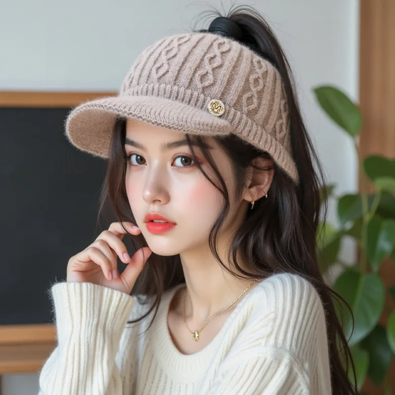 Ponytail Fleece Knit Hat Protective Warm Stylish Winter Empty Top Cap for Women Girls Autumn Outdoor Daily Use