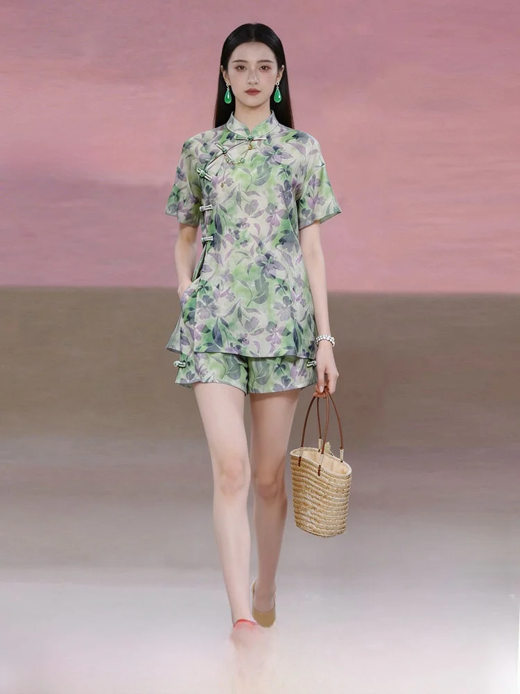

Summer 2026 New Chinese Style High Waist Short Pants Set Women's Loose Fit Cotton Floral Print Stand Collar Decorative Button