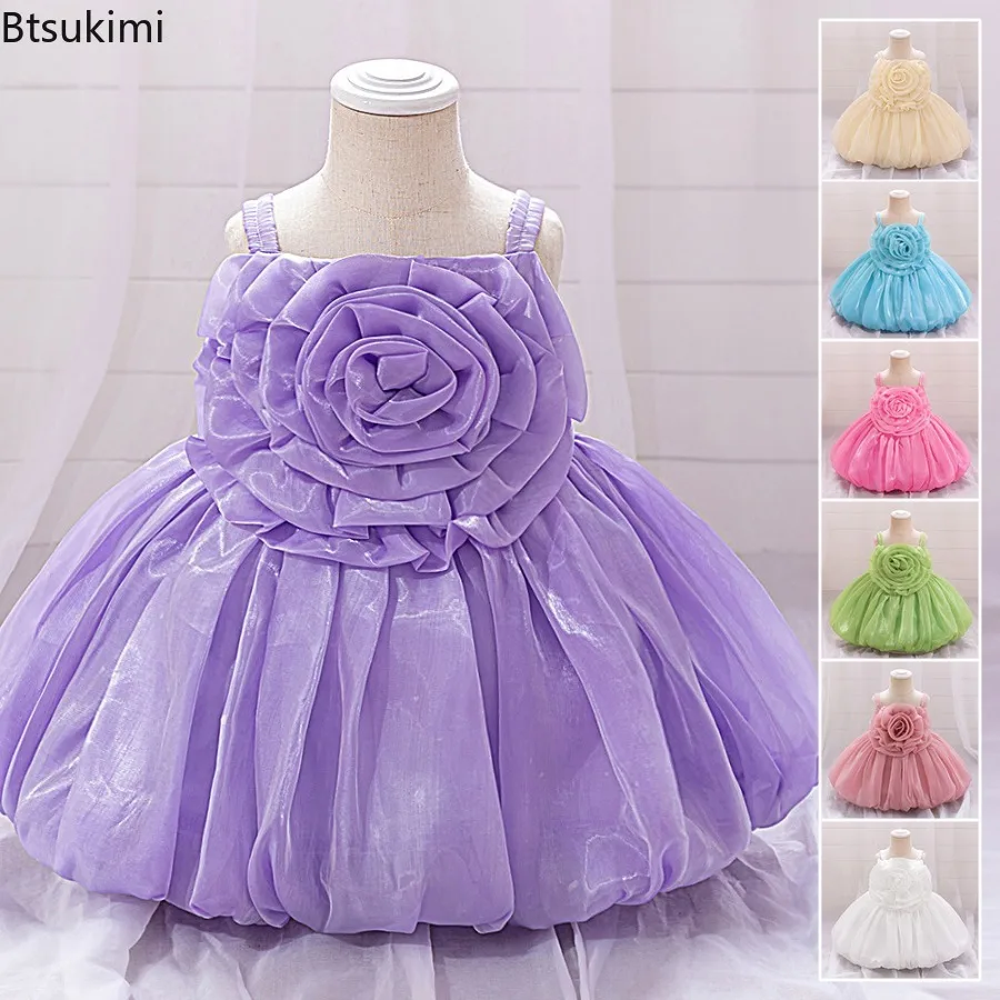 3D Flower Party Dress for Girls Fluffy Evening Birthday Baptism Princess Prom Gown Summer Floral Girl Dresses Christmas Costumes