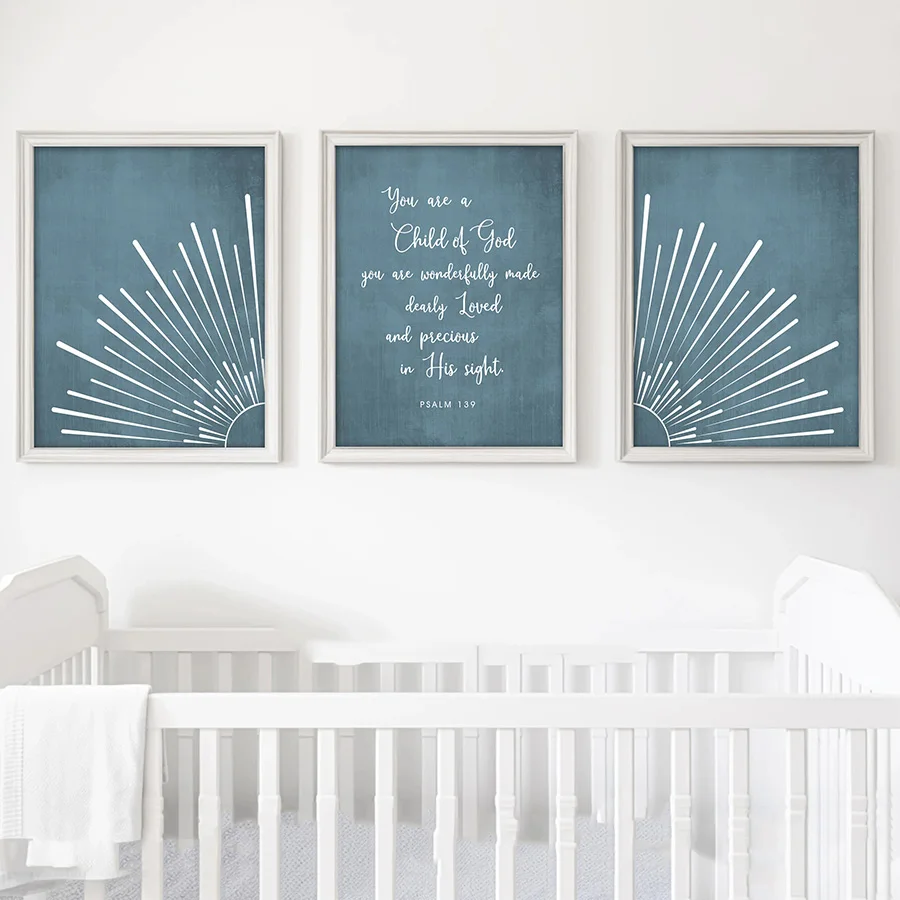 You are a Child of God Gender Sun Burst Art Prints Indigo Denim Blue Psalm 139 Scripture for Living Room, Home Decor, No Frame