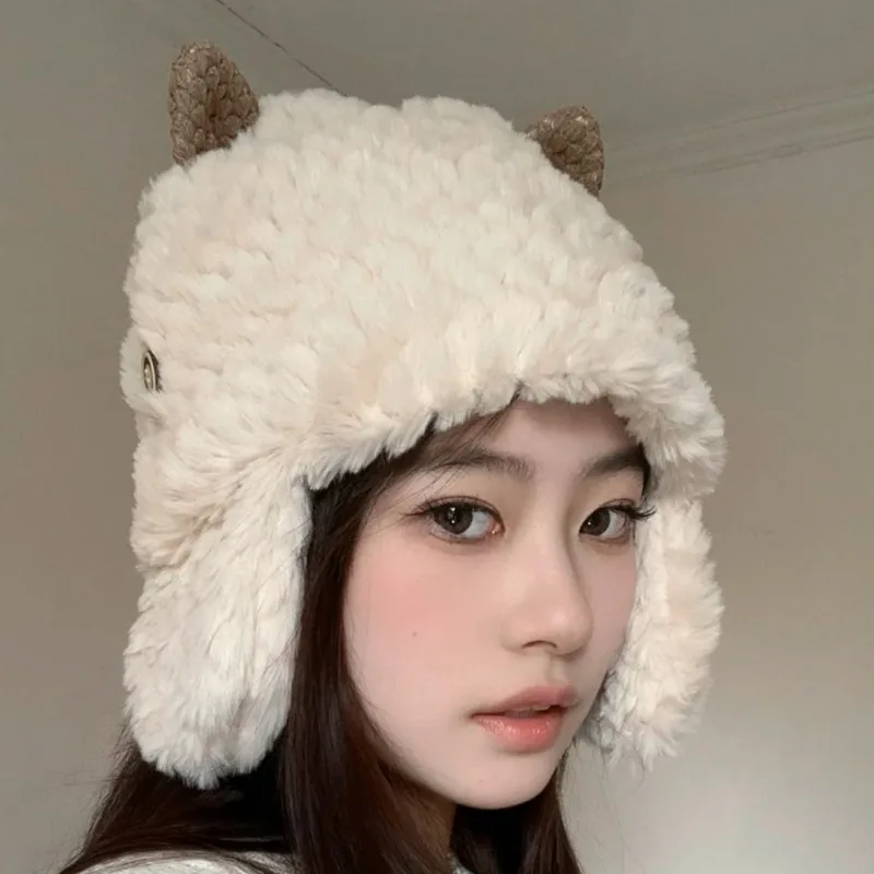 Cute Cartoon Little Sheep Horn Autumn Bonnet Soft Fluffy Ear Protection Cap Winter Lamb Plush Sheep Ear Shape Warm Hat Warmer