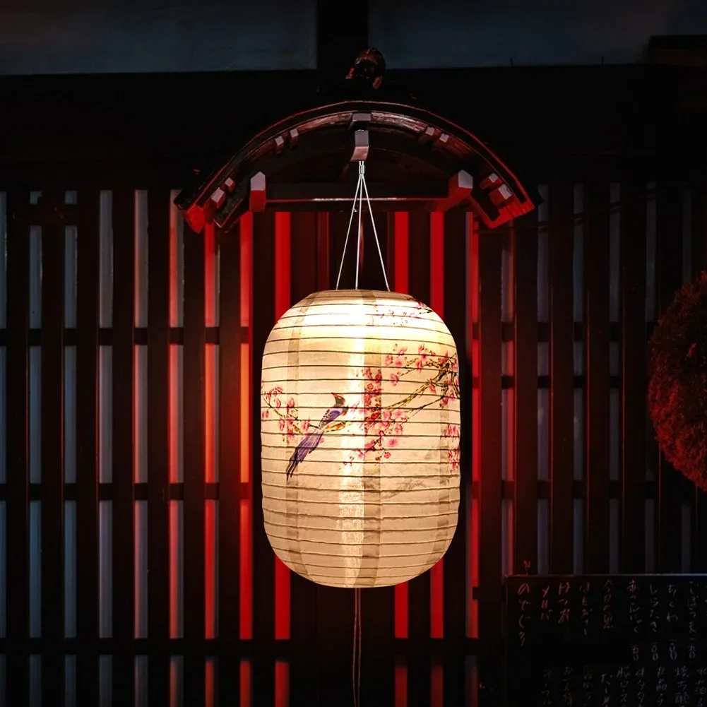 25cm 10 Inch Waterproof Solar Lantern LED Light Nylon Cloth Chinese Japanese Hanging Lamp Outdoor Garden Wedding Holiday Party