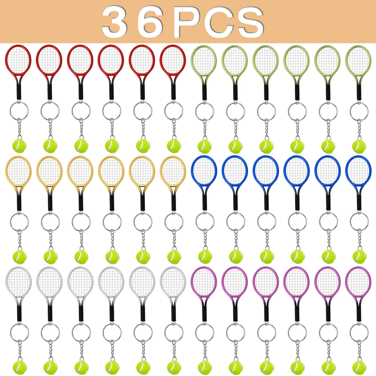 36Pcs Mini Tennis Racket Keychain with Tennis Ball Tennis Racket Ball Keyrings Sports Key Ring Athletes Souvenir