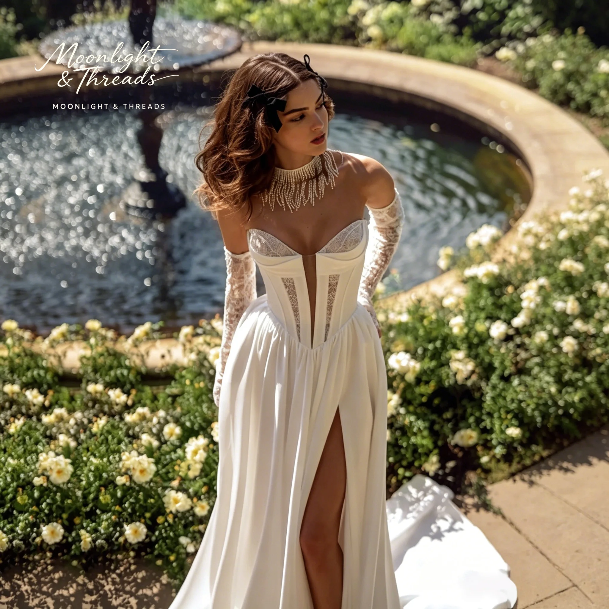 Ivory Satin Strapless Sleeveless Ball Gown Floor-Length Formal Wedding Dress with Lace and Boning Design