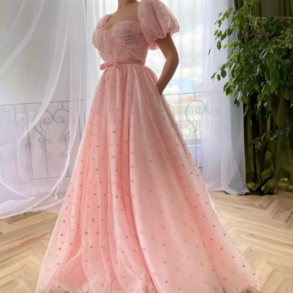 

Sweetheart Collar Tulle A-line Prom Dress for Women Spotted Bow Belt Party Evening Gown with Short Puff Sleeve robes de soirée