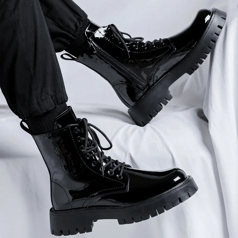 2025 leder Stiefel für Männer Runde Kappe Mittlere Waden Spitze Up Höhe Zunehmende Frühling Autum Neueste Nähen Lässige Mode Schuhe