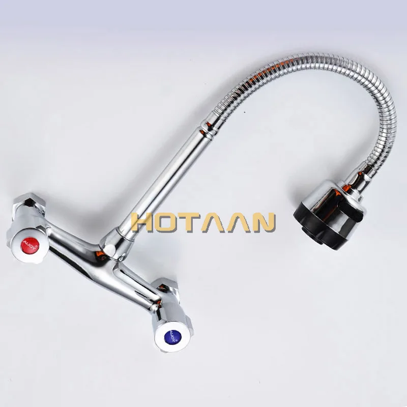 Wall Mounted Kitchen Faucet Hot & Cold Water Mixer Crane Dual Handle Dual Hole Kitchen Sink Tap Copper Chrome Plated YT-6029