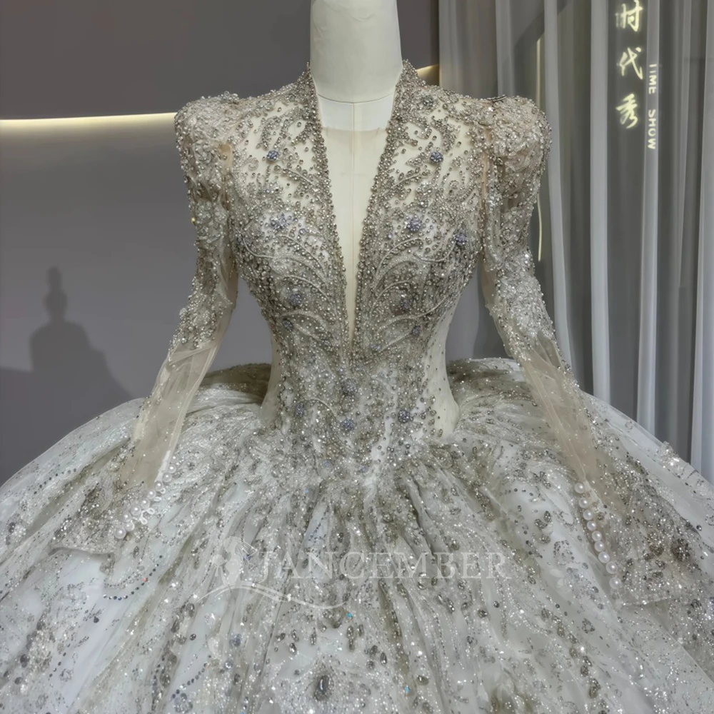 カスタムメイドの豪華なアイボリー色のロングスリーブウェディングドレス、Vネック、クリスタルビーズをあしらったブライダルプリンセスボールドレス、ウェディングドレス（vestidos de novia boda）