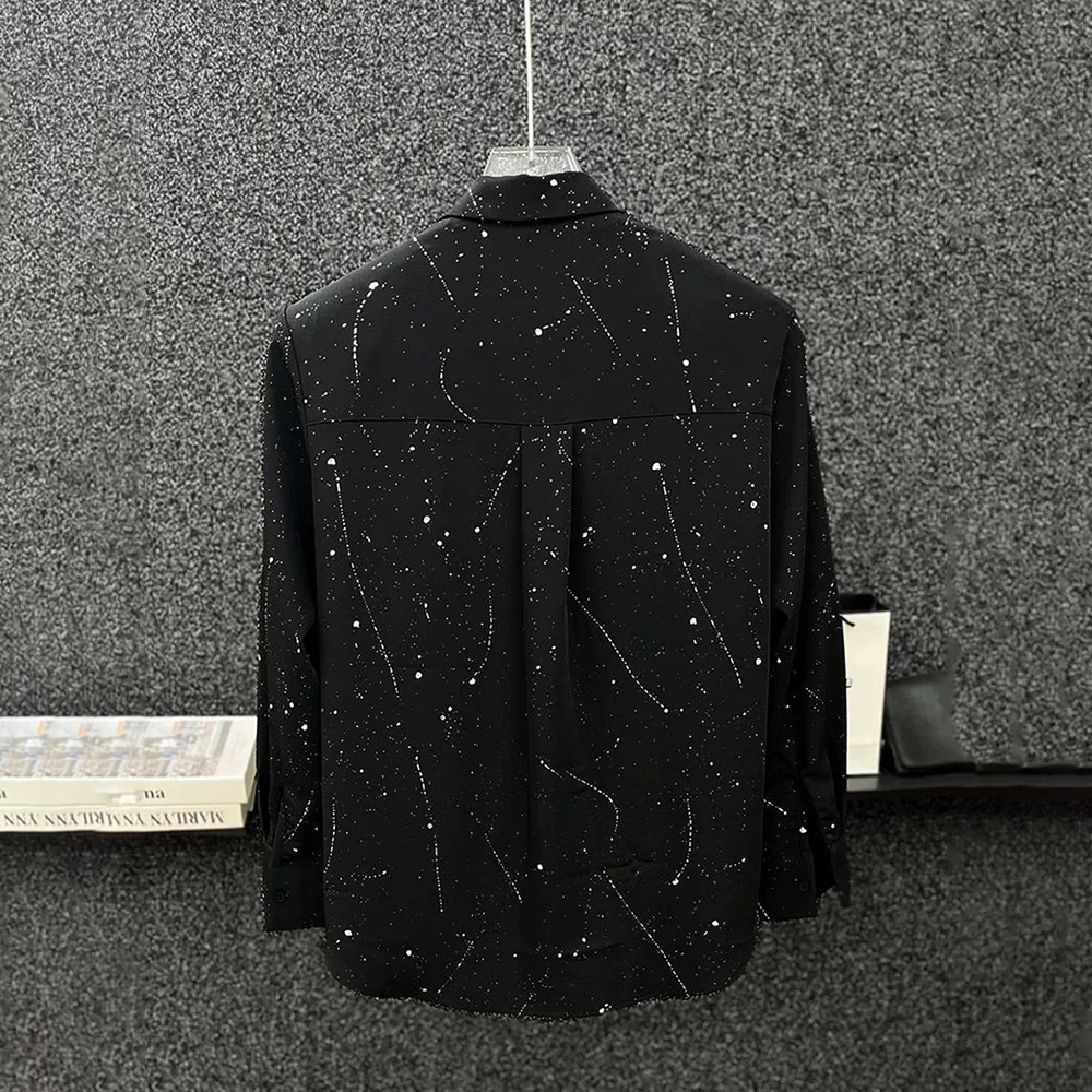 Camisa masculina corrente de metal céu estrelado camisa streetwear moda palco desempenho boate salão de baile manga longa topo roupas masculinas