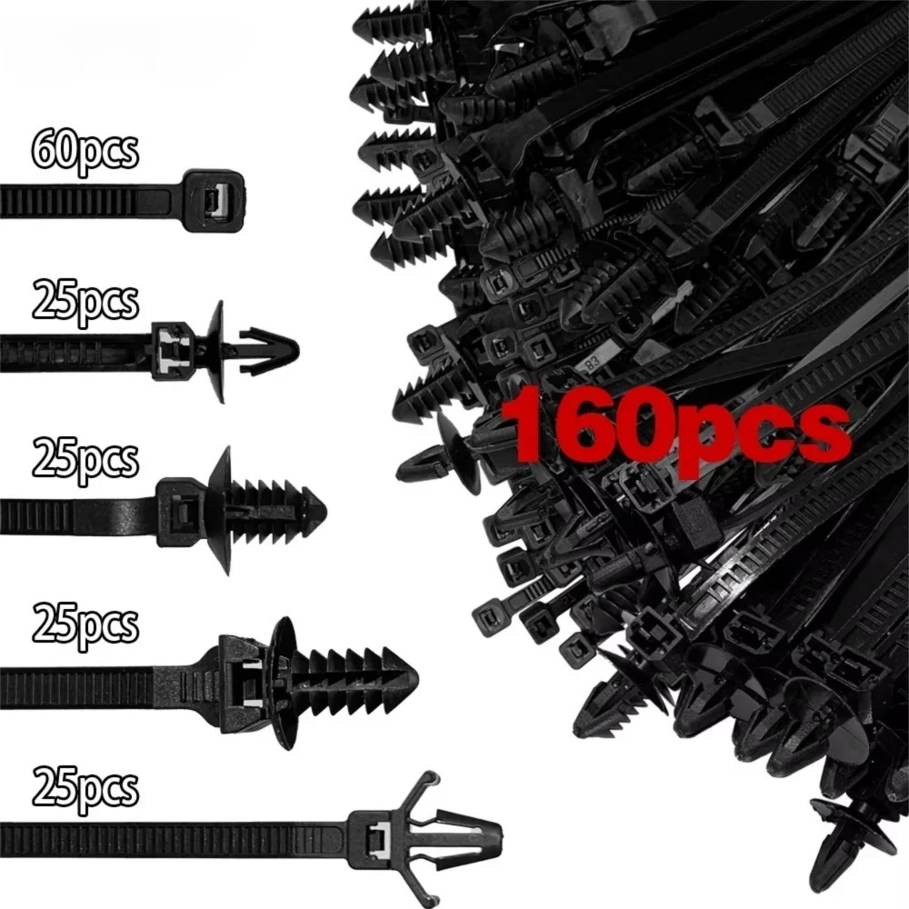 

160Pcs Car Nylon Tie Wrap Cable Fixed Fastener Clips Strap Self-Locking Nylon Cable Ties Car Hose Fastening Zip Interior Accesso