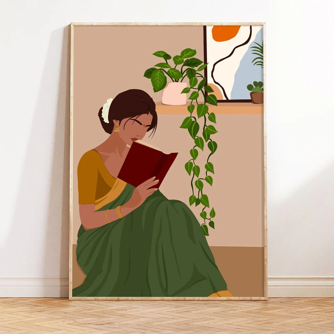 Indian Women In Saree Reading Book Art, Desi Art, Book Lovers Art, South Asian Art, Indian Wall Art, Brown Girl, Boho Art, Tamil