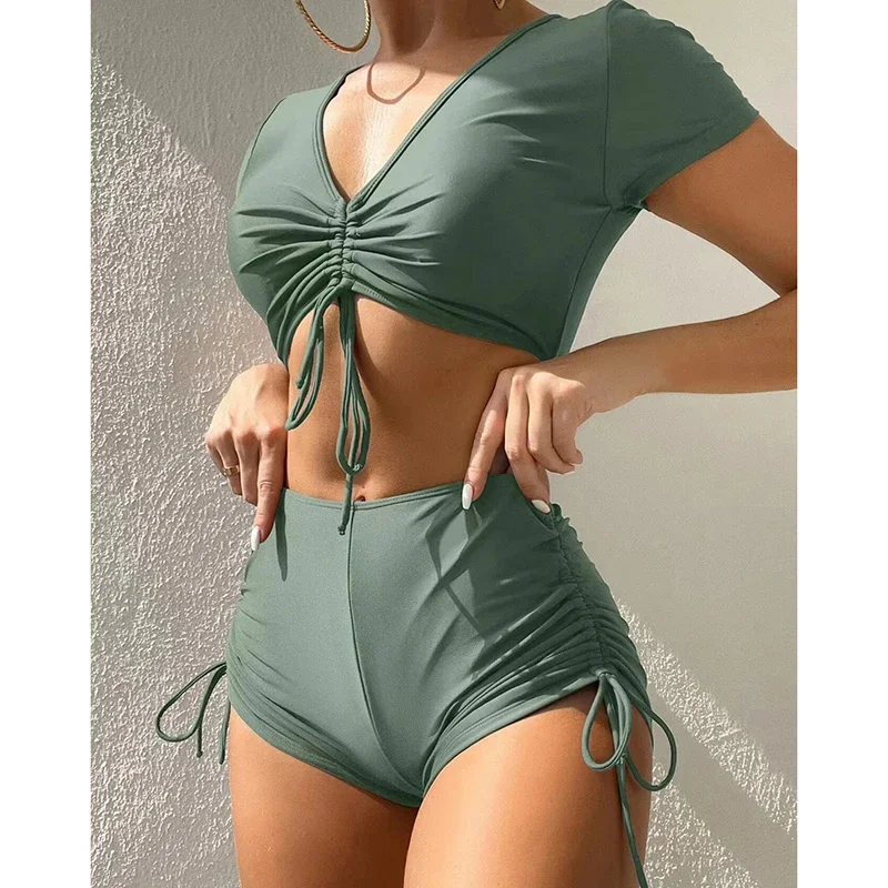 Swimwear Women Bikinis Two Pieces Set Casual Solid Short Sleeve Drawstring High Waist Bikini Sexy Swimsuit Vacation Beachwear