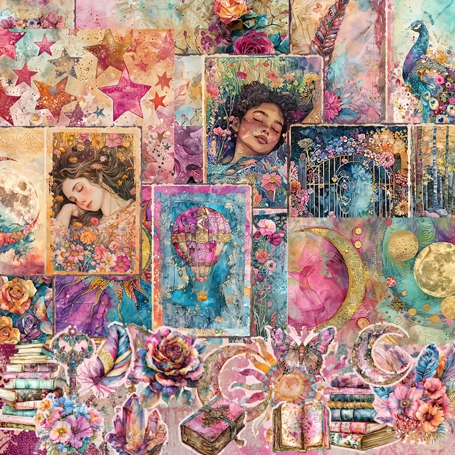90-teiliges Hintergrundpapier- und Aufkleber-Set, buntes Blumen- und Sternmuster, DIY-Bastelarbeiten, Junk-Tagebuch, Scrapbooking, Grußkarten – Detail 1