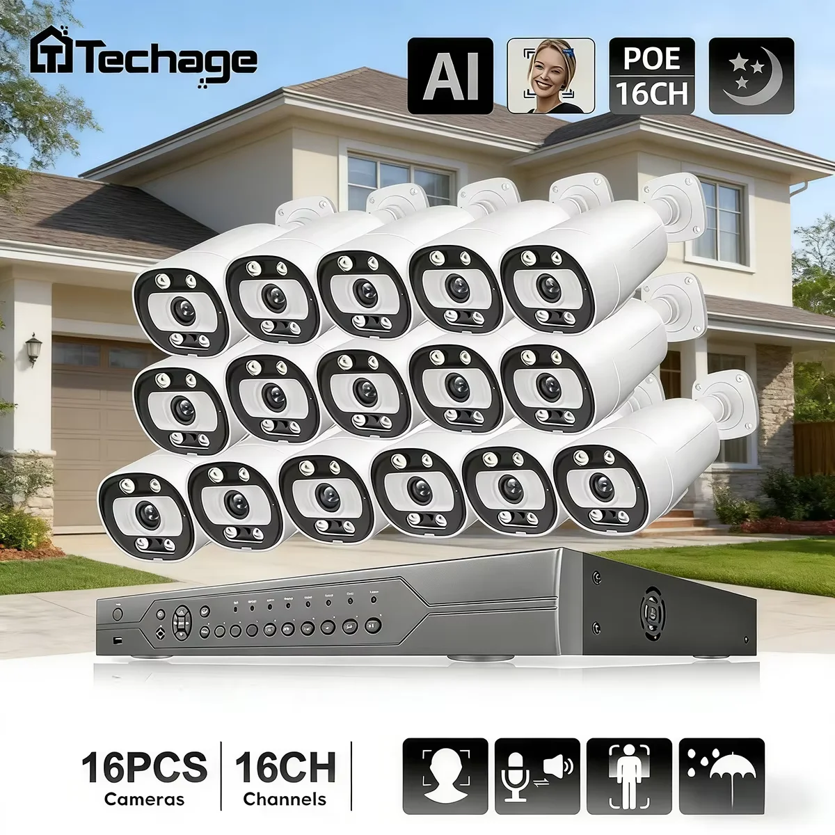 Techage Ultra HD 4K 16CH POE Security Camera System 5MP Smart AI Color Night Face Detection Outdoor CCTV Record Surveillance Set
