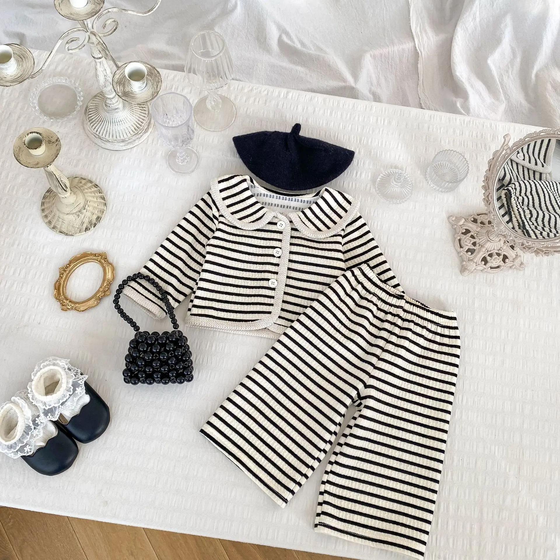 2025 ربيع الفتيات مخطط مجموعة بسيطة التلبيب كم طويل سترة علوية عادية بنطال ذو قصة أرجل واسعة قطعتين مجموعة 73-120 سنتيمتر #1