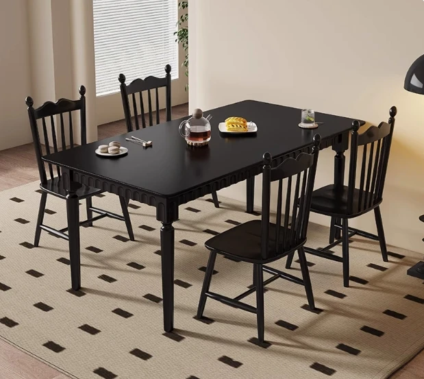 

French black retro dining table and chairs American walnut all solid wood dining table Nordic small household rectangular table