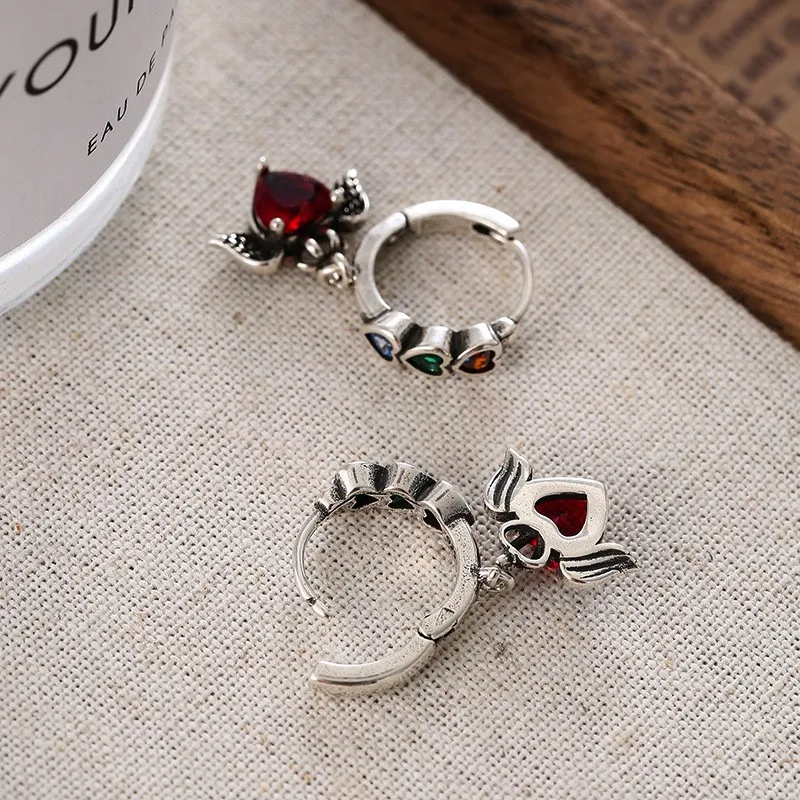 VENTFILLE 925 Sterling Silber Liebe Herz Wing Hoop Ohrring für Frauen Feder Bunte Retro Punk Rock Schmuck Geschenk Dropshipping