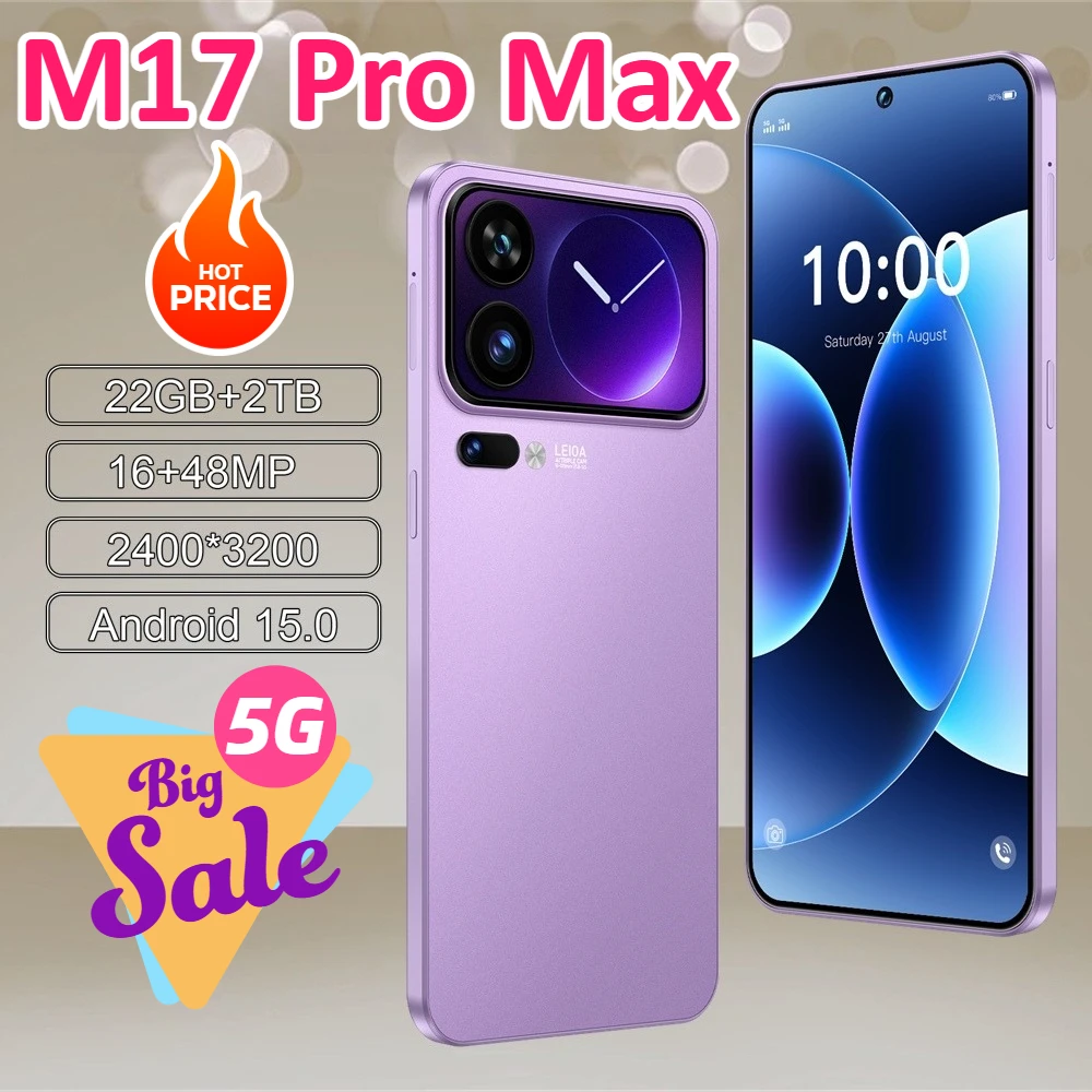 Nuevo Teléfono Inteligente M17 Pro Max 2026, 7.3HD Original, 4G 5G, Doble Tarjeta SIM, Doble Modo de Espera, Android 15, Económico, 7800mAh, Versión Global, WIFI, GPS, Teléfonos Móviles para Hombres y Mujeres, Regalos