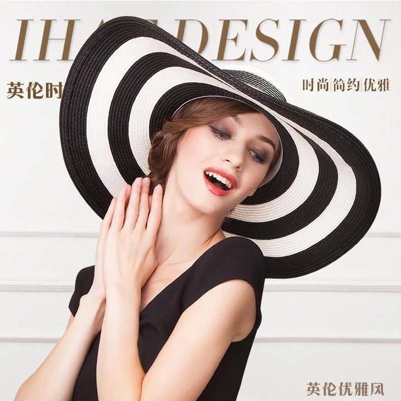 Straw Hat Female Summer Beach Large Edge Korean Version Straw Hat Foldable Black and White Striped Sun Hat Sun Visor Panama Cap