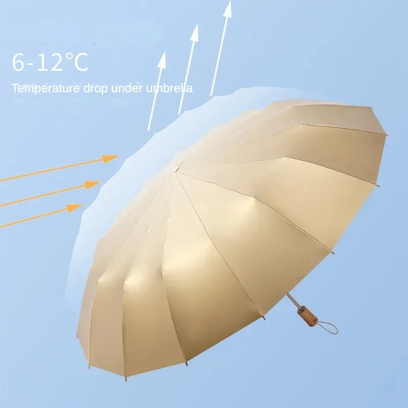 Gold Coating Sunshade Folding Umbrella for Women, Large 16 Bone, WindproofSunscreen, Sun UV Resistance,Sunny and Rainy Umbrellas