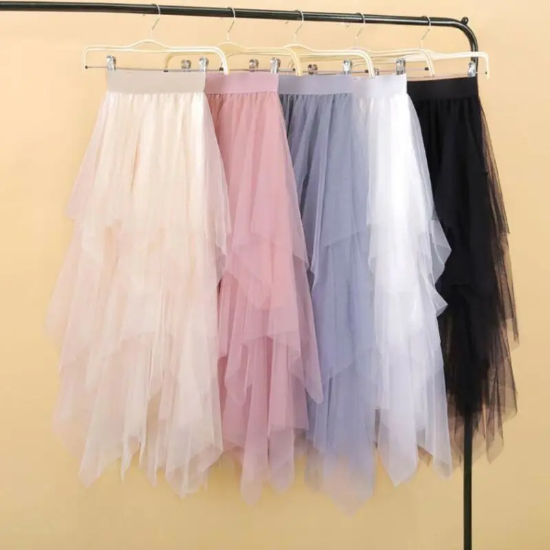 Sexy Pleated Long Skirts Tulle Skirts Womens Irregular Fashion Korean Elastic High Waist Mesh Tutu Skirt Midi Skirts for Women