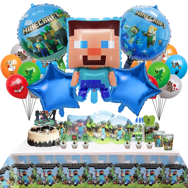 Minecraft Birthday Party Decoration Foil Latex Balloon For Kids Event Supplies Disposable Tableware Banner Backdrop Plate Cup