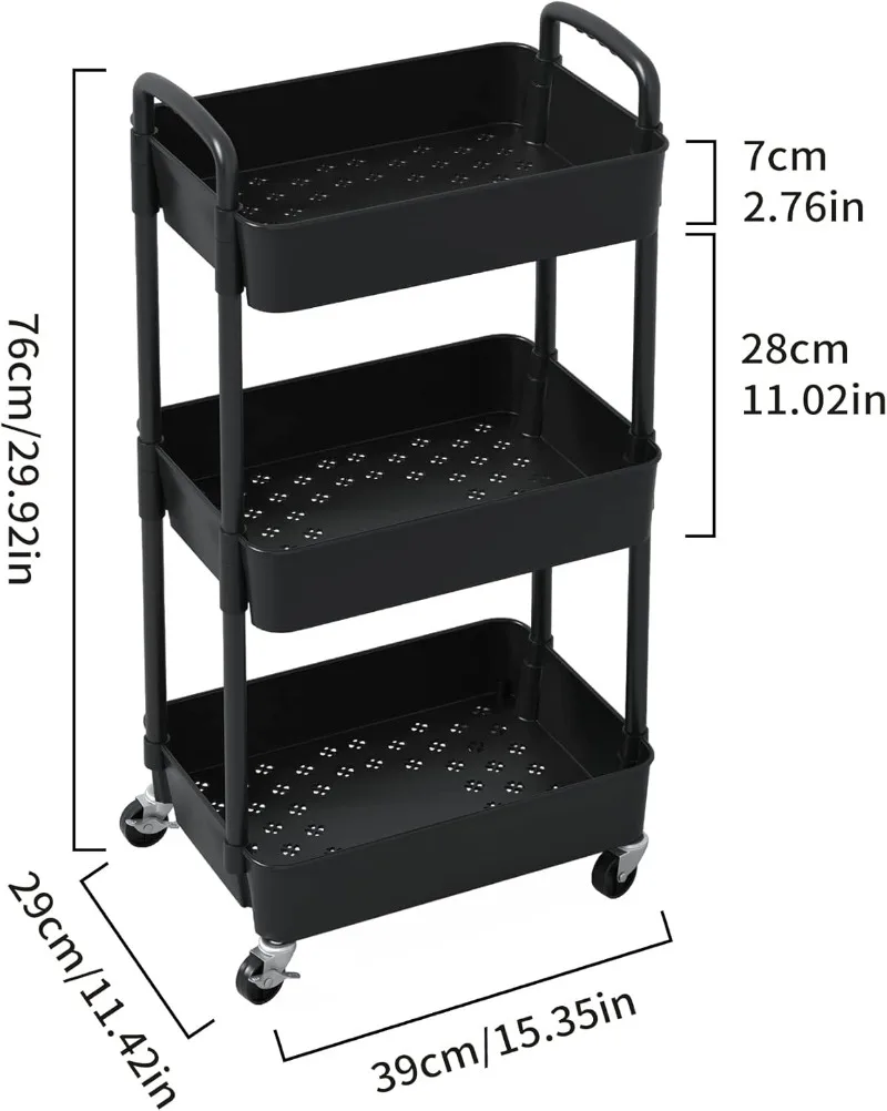 3-Tier Plastic Rolling Utility Cart with Handle, Multi-Functional Storage Trolley for Office, Living Room, Kitchen, Movable