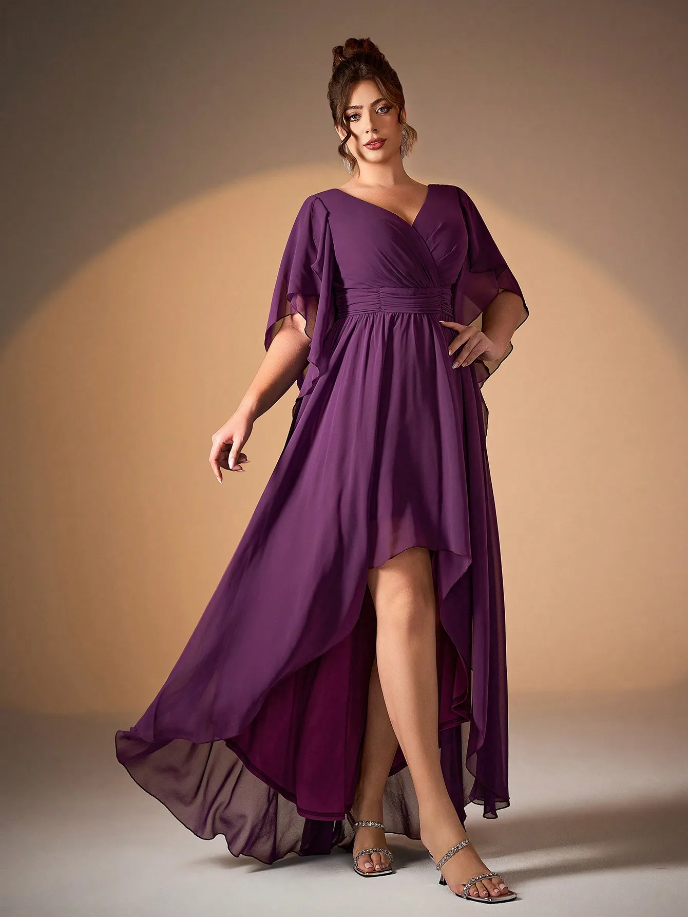 Mgiacyvネックパールシフォンイレギュラースリーブ、フロントが短く、バックが長い裾のハイエンドイブニングドレス