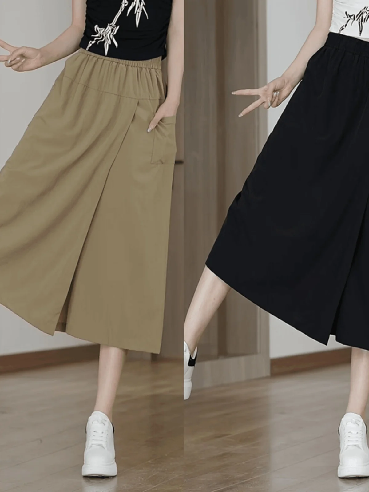 

New Chinese Style Casual High Waist Wide Leg Skirt Pants Women's Summer Breathable Cool Feeling Not Shiny Elegant