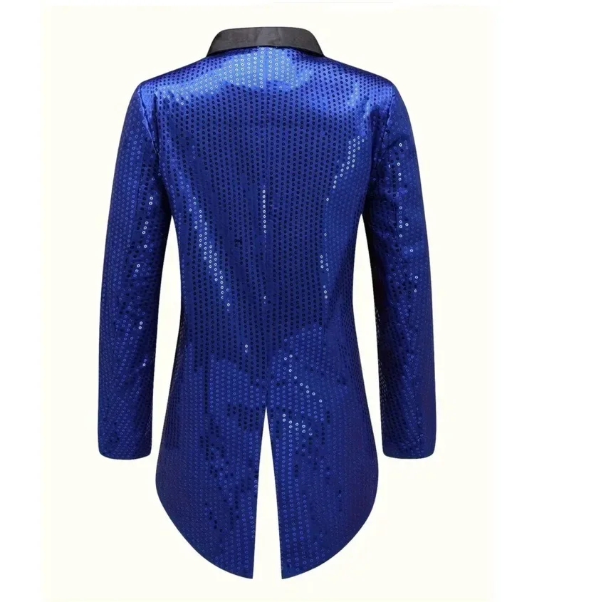 Blue V-Neck Long Sleeve Tuxedo Men\'s, TV Performance Magic Long Jacket, Glitter Sequin Decoration Red Gold Black Blazers S-XXL