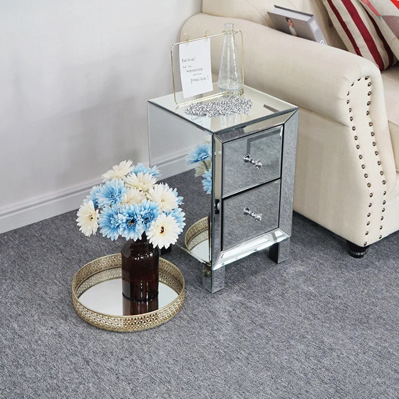 Double drawer cabinet, household silver mirror glass bedside table