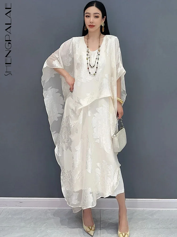 SHENGPALAE 2024 Summer New Chinese Style Jacquard Fashion Temperament Versatile Elegant Dress For Women Solid Color Robe 5C1154