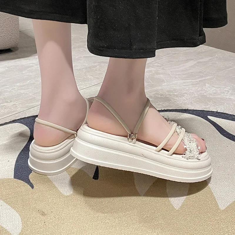 2024 New Fashion Summer Round  Open Toe Sexy Thick Bottom Pearl Women\'s Versatile Casual Beach Large Size Flat Sandals 35-42