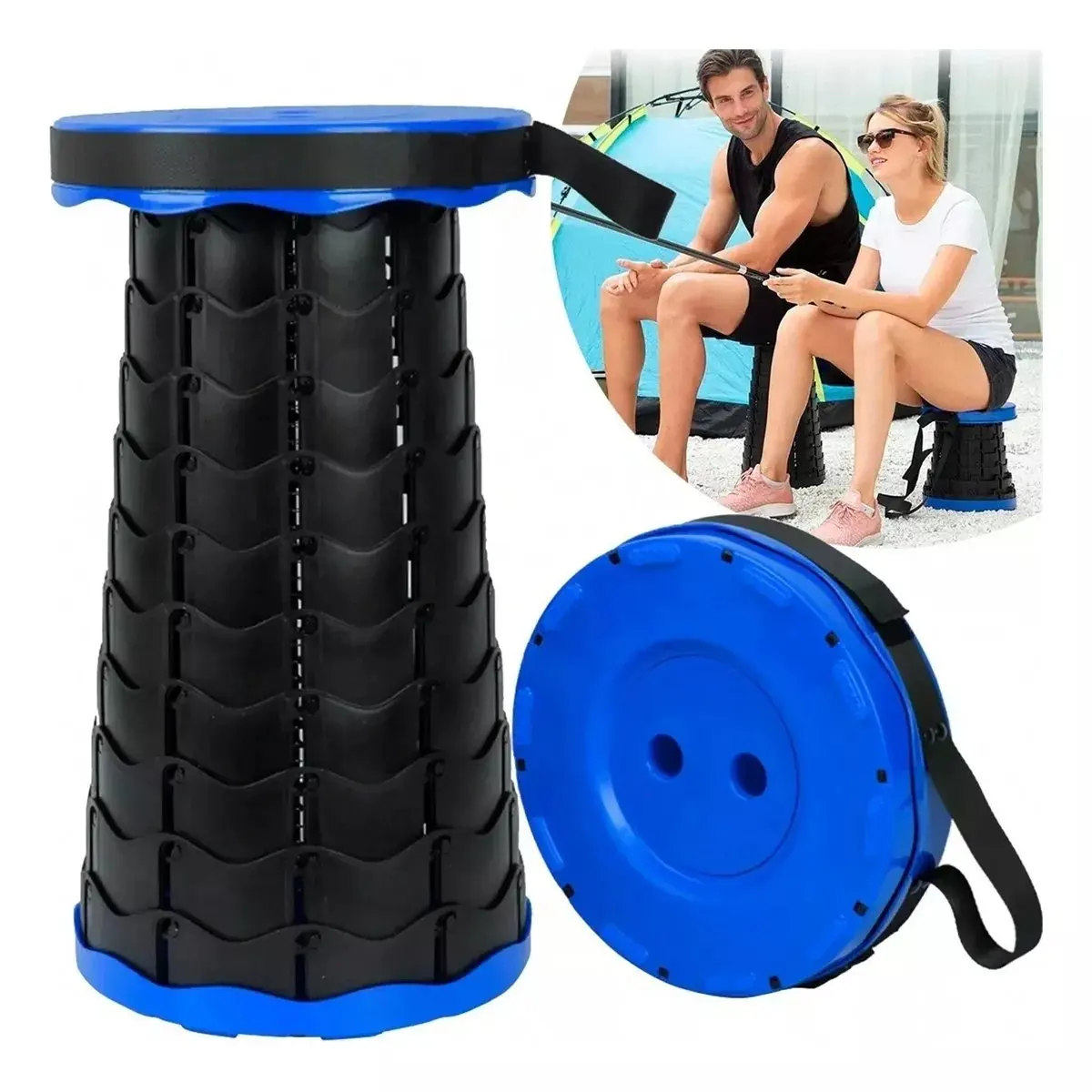 Tragbare, teleskopische, einziehbare Klappbank, Camping, großer runder Hocker, Kunststoff, Porygon, rutschfest, mit Riemen