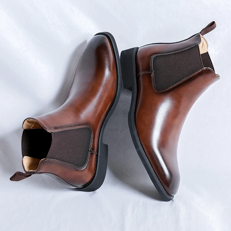 Autumn/Winter Black/Coffee Genuine Leather Pointed Toe High-top Bullock Oxford Dress Shoes For Men Ankle Business Chelsea Boots