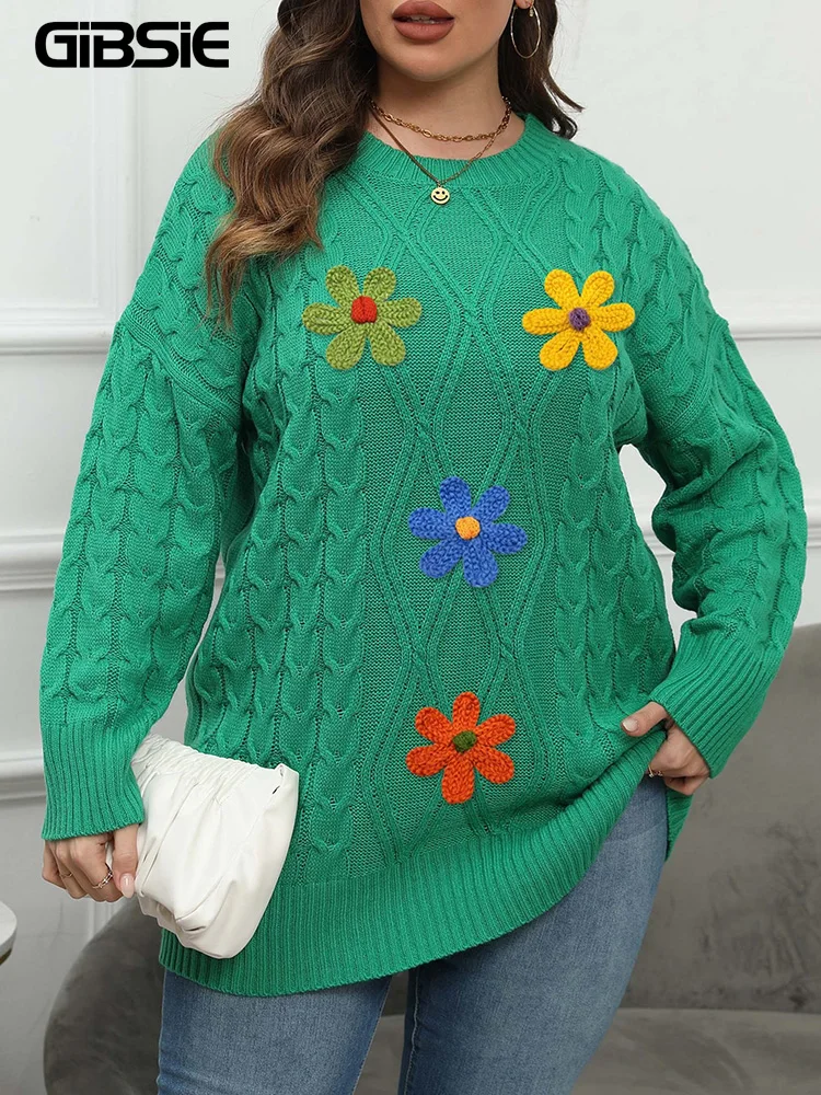 

GIBSIE Plus Size Embroidery Flower Crew Neck Sweater Women Long Sleeve Autumn Winter Chic Loose Knitted Long Sweater Pullovers