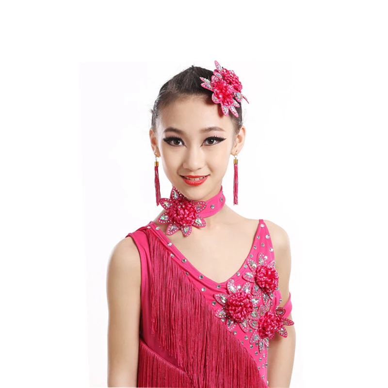 child kid children professional latin dance dress for girls ballroom dancing dresses for kids red sequin fringe salsa tassel