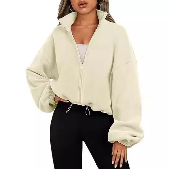 Zipper Stand Collar Coat Loose Fit Casual Women Jacket with Composite Construction Single Regular Length Autumn Cardigan