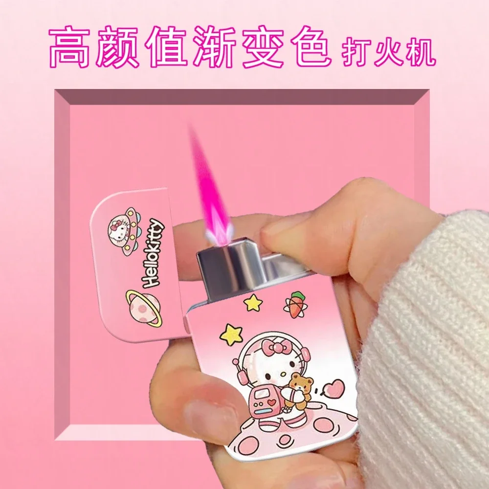 INS Original Metal Cute Hello Kitty Lighter Kuromi Cinnamo Sanrio Pink Flame Windproof Refillable Butane Gas Lighters For Women