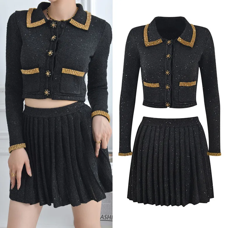 

Luxury Edition European Sle SE Home Fraance Wind Gold Bead Sequin Collar Jaet Top plus Pleated Skirt Set Women's Faion