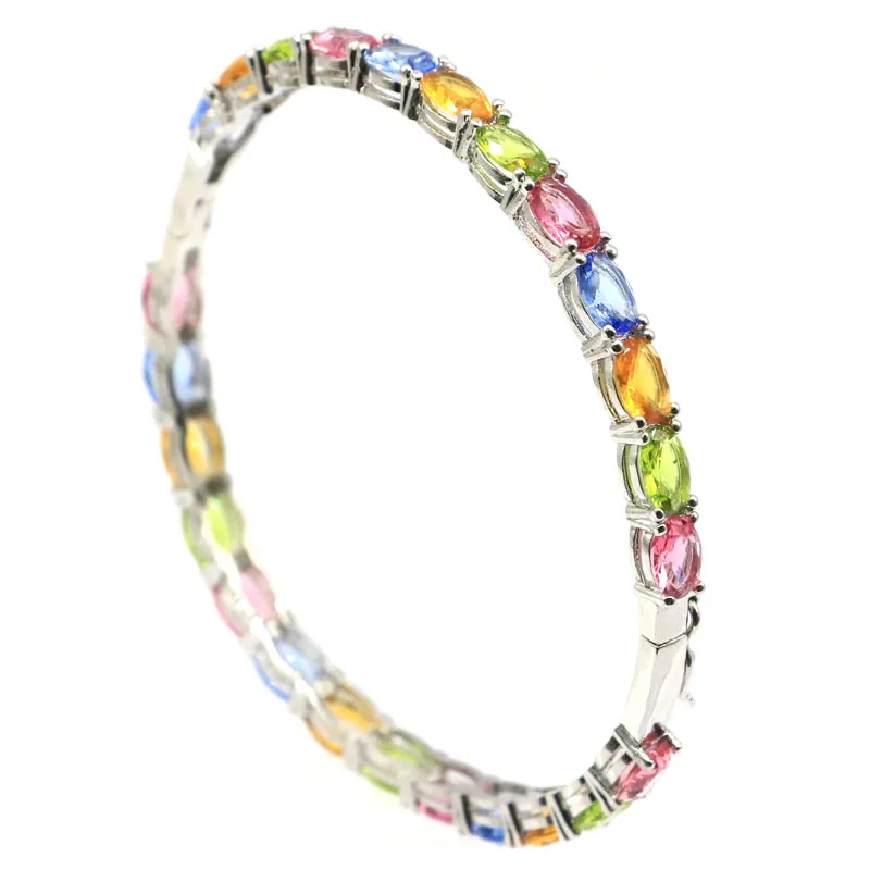 

13g 925 Solid Sterling Silver Bangle Bracelet Customized Pink Blue Mystical Multi Color Kunzite Morganite Blue Aquamarine 8.5in
