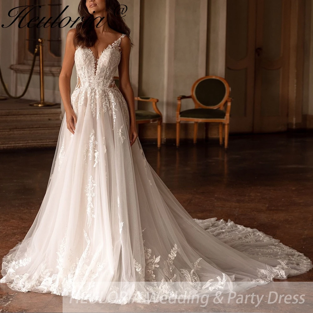 HEULORIA Spaghetti cinghie una linea abito da sposa abito da sposa in pizzo plug scollo a V personalizzato