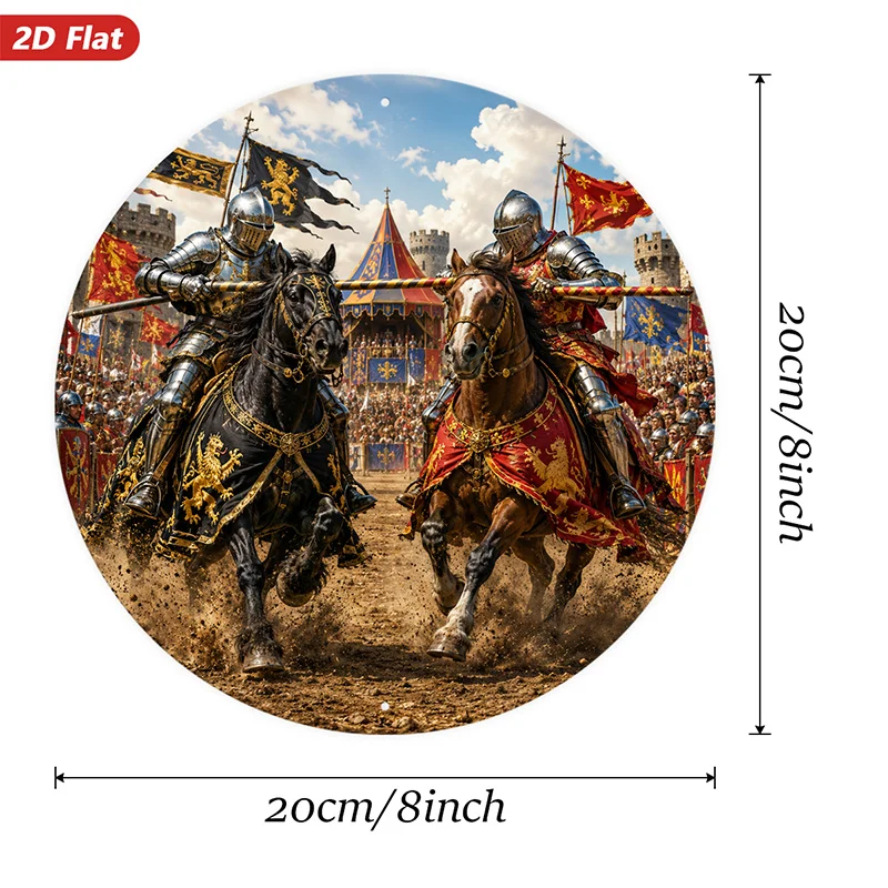 2D Flat, 1pc Medieval Joust Scene Round Metal Sign Wall Art, Home Decor, Armored Horse Riders