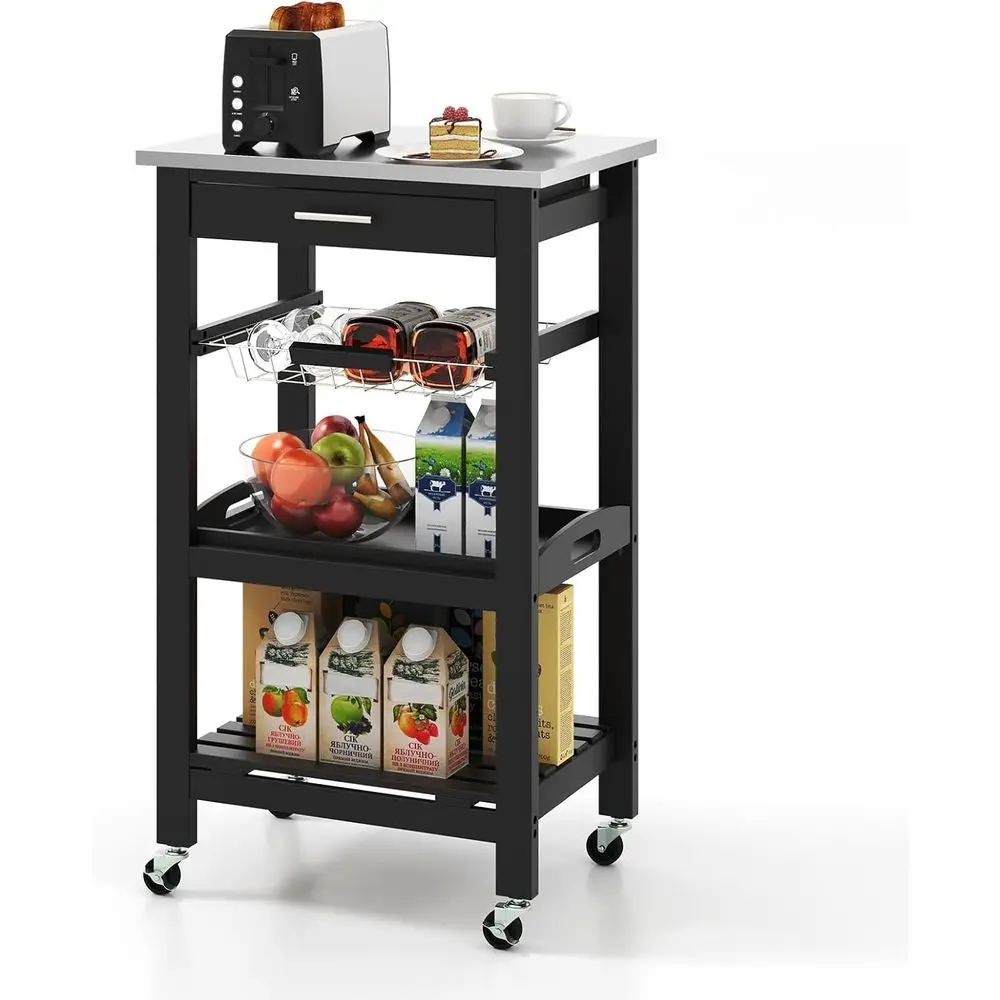 

Black Rolling Kitchen Island Cart with Stainless Steel Top, Metal Basket, Serving Tray, and Lockable Casters for Utility and Din